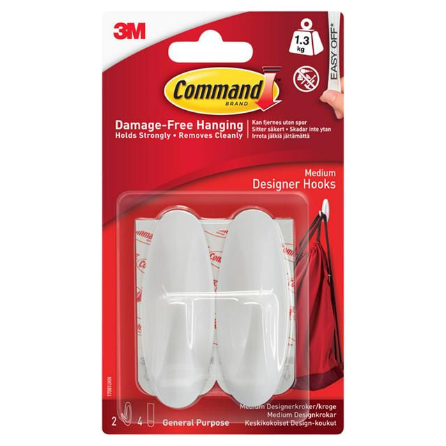 Command Medium Designer Hooks In White 2 And 4 Strips Holds Up To 1 3kg Sainsbury S - Hooks For Walls No Damage