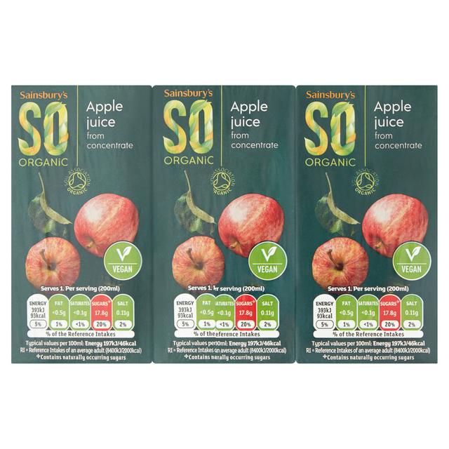 Sainsburys Pure Apple Juice, SO Organic 3x200ml