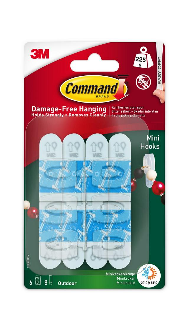 Command Outdoor Mini Hooks 6 Hooks & 8 Small Outdoor Strips