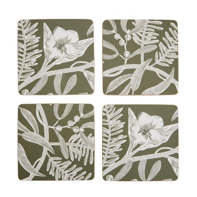 Habitat Pack of 4 Floral Corkback Coasters - Green