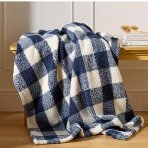 Sainsbury's Home Check Teddy Fleece Throw - Navy - 125x150 - gallery image 2