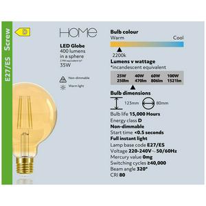 Sainsbury's Home 2.9w Filament G80 Small Globe Edison Screw Light Bulb - gallery image 4
