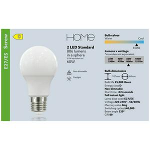 Sainsbury's Home 60w Pack of 2 LED Standard Daylight Edison Screw Light Bulbs - gallery image 4