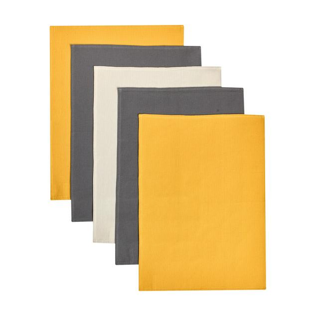 Sainsbury's Home Pack of 5 Waffles Tea Towels - Mustard & Grey
