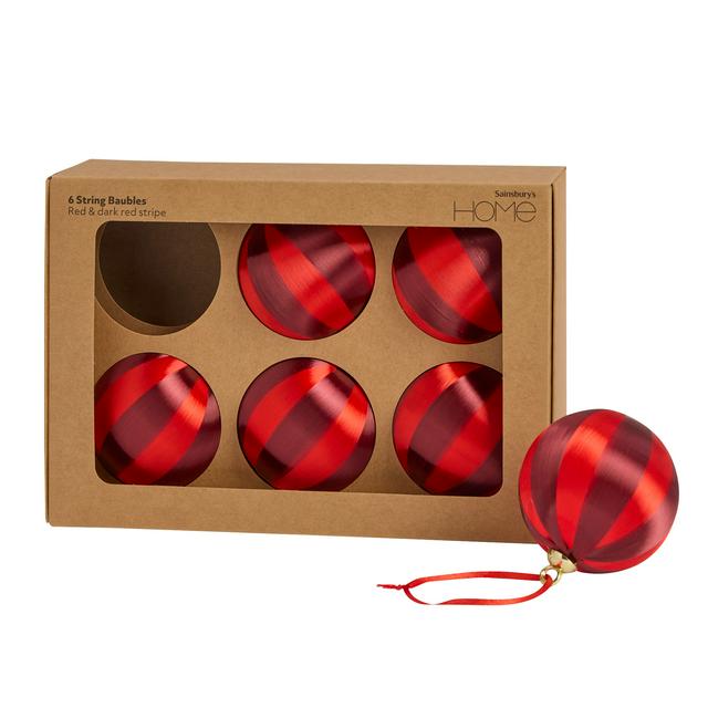 Sainsbury's Home Pack of 6 Red Wide Stripe Spring Baubles - gallery image 1