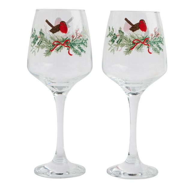 Sainsbury's Home Pack of 2 Robin Printed Wine Glasses - gallery image 1