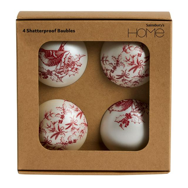 Sainsbury's Home Pack of 4 Robin & Foliage Print Shatter Proof Baubles - gallery image 1