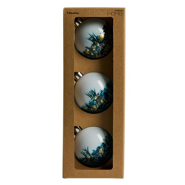 Sainsbury's Home Pack of 3 White Dipped Gold & Blue Baubles - gallery image 1