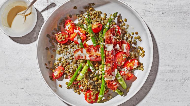 15-minute lentil salad with pancetta, asparagus and tahini