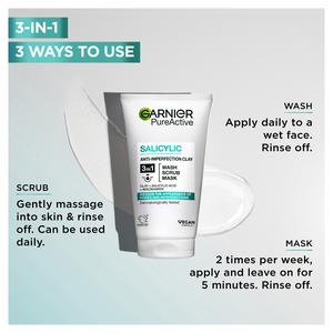 Garnier Pure Active 3in1 Clay Mask Wash Scrub for Oily Skin 150ml - gallery image 4