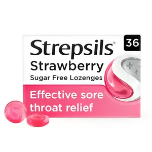 Strepsils Strawberry Sugar Free Sore Throat Cough Lozenges x36