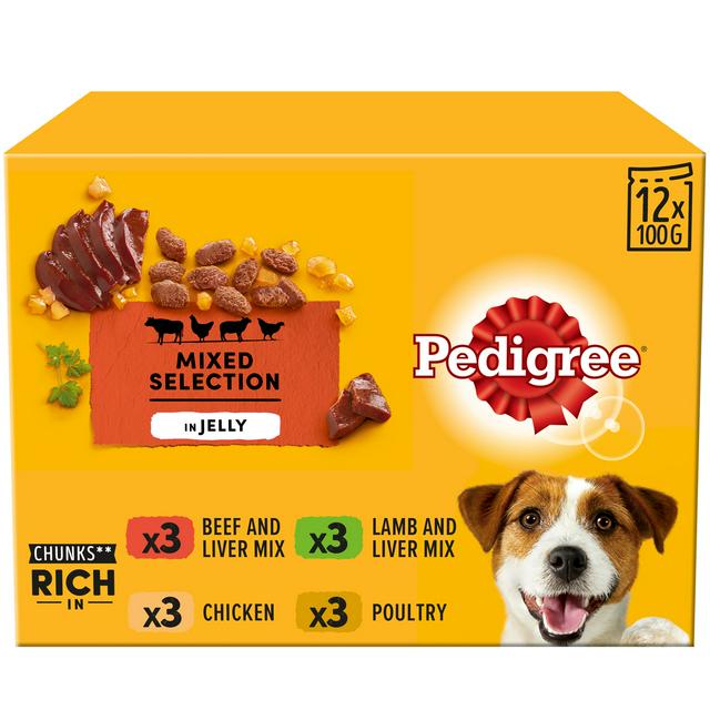 Pedigree in Jelly Wet Adult 1+ Dog Food Pouches Mixed Selection 12x100g