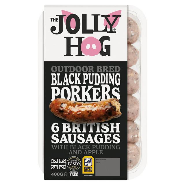 The Jolly Hog 6 x British Black Pudding Porker Sausages with Black Pudding & Apple 400g - gallery image 1