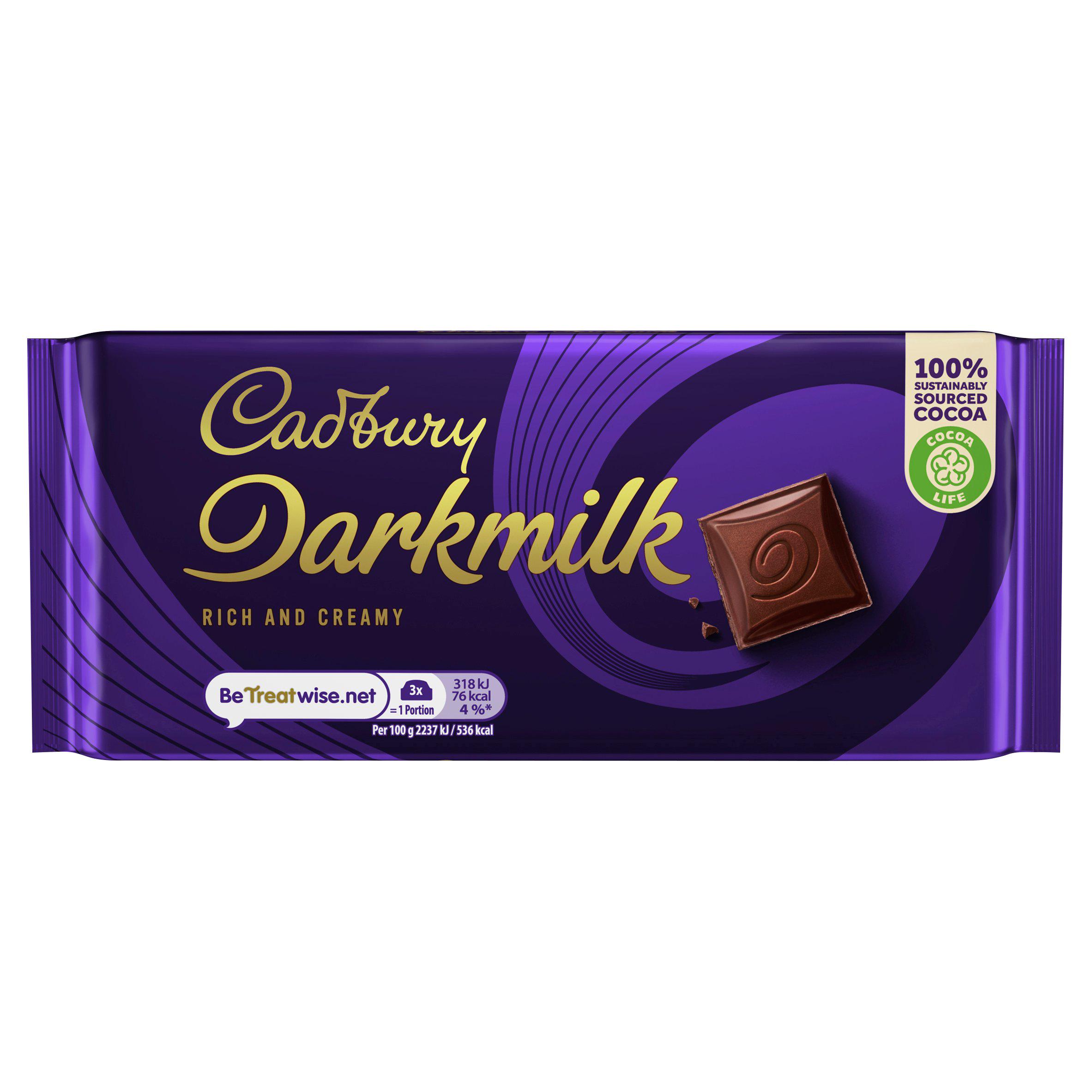 Dark milk chocolate. Cadbury Milk Almond. Cadbury Caramel Chocolate spread. Sustainably sourced Cocoa.