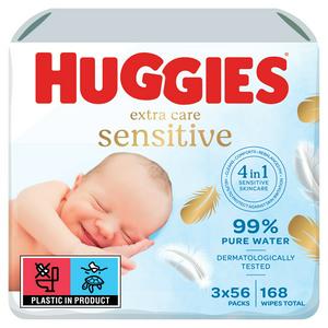 Huggies Pure Extra Care Sensitive Newborn Wet Baby Wipes, 99% Water - 3 Pack (3 x 56 Wipes)