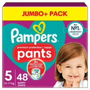 Pampers Premium Protection Nappy Pants Jumbo+ Pack Nappies Size 5, 12kg-17kg x48