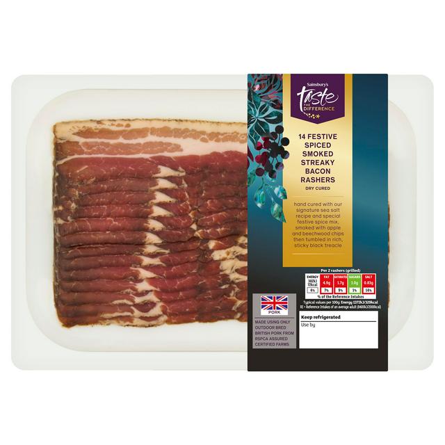 Sainsbury's Festive Spiced Dry Cured Smoked Streaky Bacon Rashers, Taste the Difference x14 220g - gallery image 1
