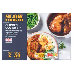 Sainsburys Slow Cooked British Chicken Coq au Vin a Rich Red Wine Gravy with Mushrooms, Onions, & Bacon 620g (serves x2)