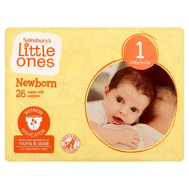 Sainsbury's Little Ones Newborn Super Soft Nappies Size 1, 2kg-5kg 4-11lb x26
