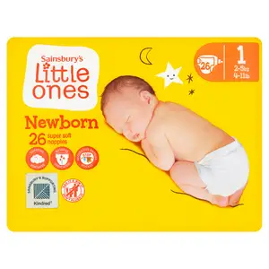 Sainsbury's Little Ones Newborn Super Soft Nappies Size 1, 2kg-5kg 4-11lb x26 