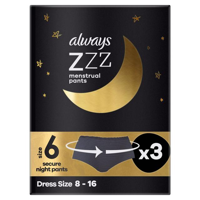 Always ZZZs Overnight Disposable Period Underwear (Size 6) X3