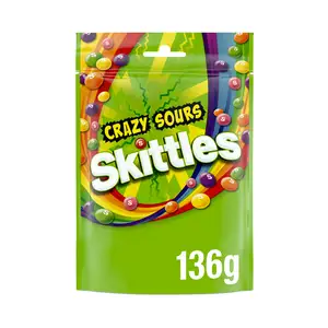 Skittles Vegan Chewy Crazy Sour Sweets Fruit Flavoured Pouch Bag 136g