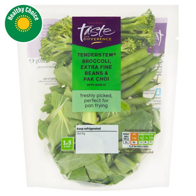 Taste the Difference Sainsbury's Tenderstem Broccoli Extra Fine Beans & Pak Choi with Garlic, Taste the Difference 160g