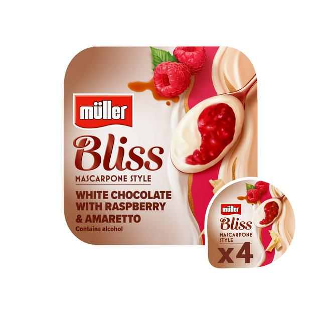 Müller Bliss Mascarpone White Chocolate & Raspberry Amaretto Yogurt 4 x 100g - gallery image 1