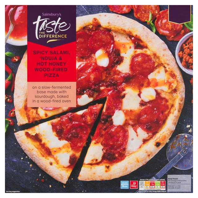 Taste the Difference Sainsbury's Spicy Salami Nduja & Hot Honey Wood Fired Pizza, Taste the Difference 395g