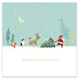 Ling Designs Santa & Cute Animals Pulling Christmas Tree, Open Christmas Greeting Card