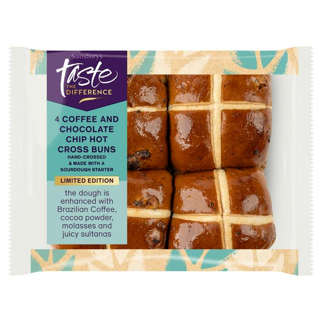 Sainsbury's Coffee & Chocolate Chip Hot Cross Buns, Limited Edition, Taste the Difference x4 260g - gallery image 1
