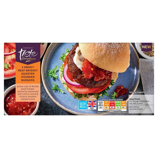Taste the Difference Sainsbury's Smoky Beef Brisket Quarter Pounder Burgers, Taste the Difference x4 454g
