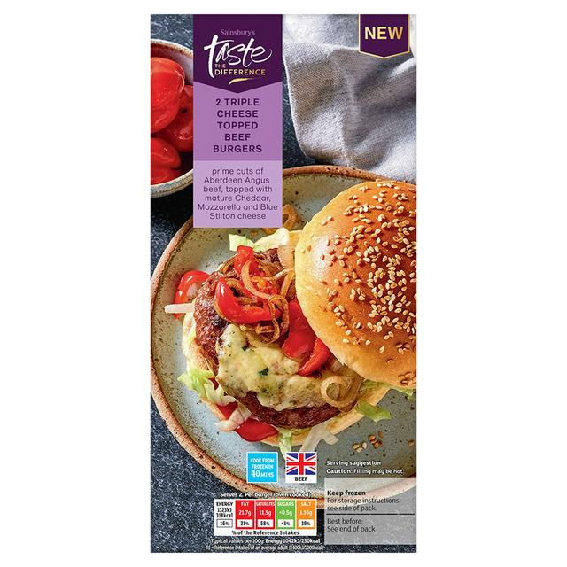 Taste the Difference Sainsbury's Triple Cheese Topped Beef Burgers, Taste the Difference x2 322g