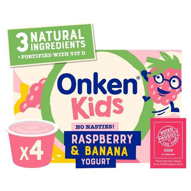 Onken Kids 4 x Raspberry & Banana Yogurt 90g - gallery image 1