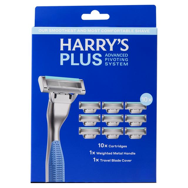 Harrys Plus Mens Razor Blades 1 x Metal Razor Handle + 10 x Blade Cartridges Tide Advanced Pivoting System Box
