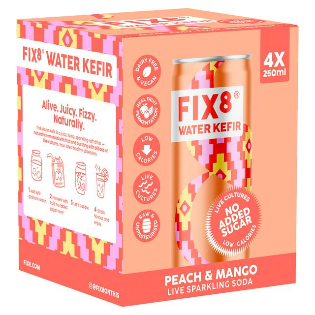 Fix8 Water Kefir Peach & Mango Live Sparkling Soda 4 x 250ml - gallery image 1