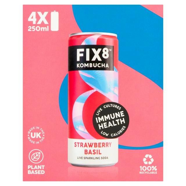 Fix8 Kombucha Strawberry Basil Live Sparkling Soda 4 x 250ml