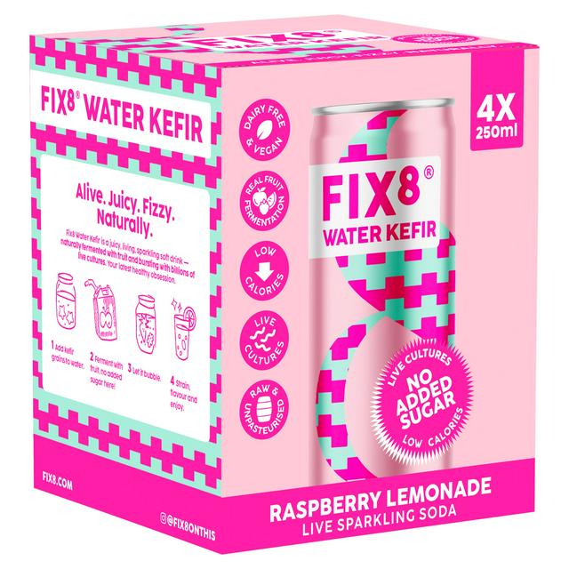 Fix8 Water Kefir Raspberry Lemonade Live Sparkling Soda 4 x 250ml - gallery image 1