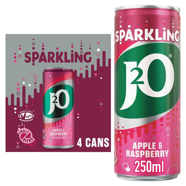 J2O 4 x 250ml Sparkling Apple & Raspberry Soft Drink Cans - gallery image 1