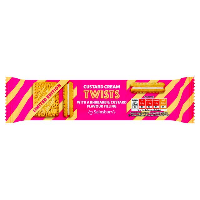 Sainsbury's 150g Rhubarb & Custard Cream Twists Flavour Filling Biscuits, Limited Edition - gallery image 1