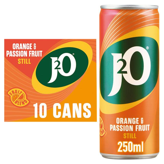 J2O 10 x 250ml Orange & Passion Fruit Still Soft Drink Cans - gallery image 1
