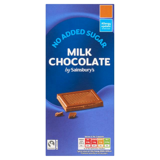 Sainsbury's 100g No Added Sugar Milk Chocolate Bar - gallery image 1