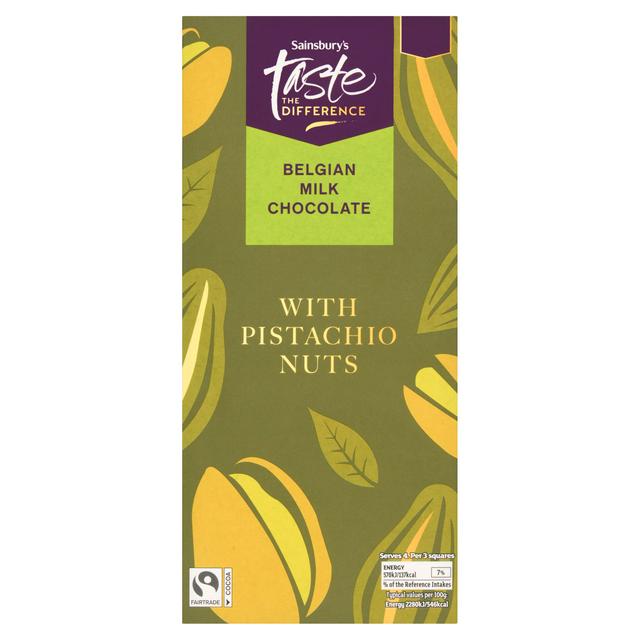 Sainsbury's 100g Belgian Milk Chocolate with Pistachio Nuts Chocolate Bar, Taste the Difference - gallery image 1