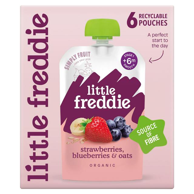 Little Freddie 6 x 100g +6 Months Organic Strawberries, Blueberries & Oats Smooth Pouches Box - gallery image 1
