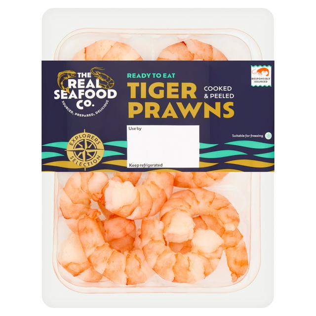 The Real Seafood Co . 150g Cooked & Peeled Tiger Prawns