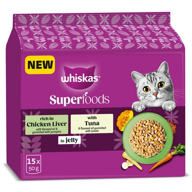 Whiskas Superfoods 15 x 50g 1+ Mixed Selection in Jelly Wet Cat Food Pouches - gallery image 1