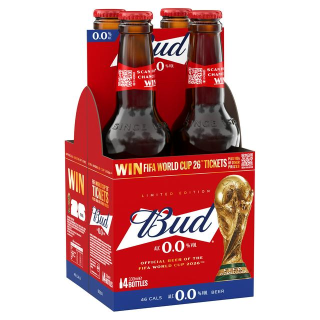 Budweiser 4 x 330ml Zero 0% Alcohol Free Beer Bottles - gallery image 1