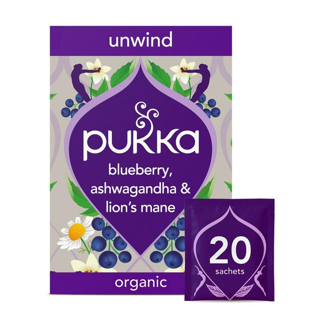 Pukka 20 x Organic Unwind Blueberry, Ashwagandha & Lion's Mane Herbal Tea Bags 32g - gallery image 1