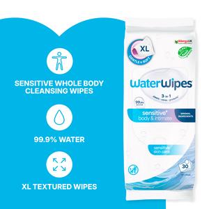 WaterWipes 30 x Sensitive+ Body & Intimate Cleansing Fragrance Free Wipes - gallery image 2