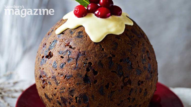 Cranberry gingerbread Christmas pudding with ginger sauce